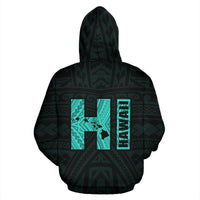Polynesian Kakau Kanaka Map of Hawaii Zip Hoodie Turquoise - Polynesian Pride