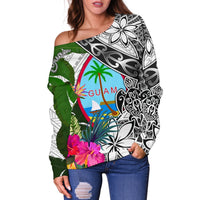 Guam Women's Off Shoulder Sweater White - Turtle Plumeria Banana Leaf - Polynesian Pride