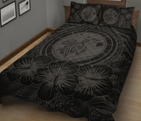 Hawaiian Map Honu Hibiscus Gray Polynesian Quilt Bed Set - Polynesian Pride