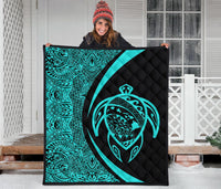 Hawaii Turtle Map Polynesian Premium Quilt - Turquoise - Circle Style - Polynesian Pride