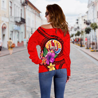 Tahiti Polynesian Custom Personalised Women's Off Shoulder Sweater - Floral With Seal Red - Polynesian Pride