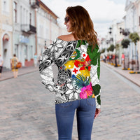 Tonga Women's Off Shoulder Sweater White - Turtle Plumeria Banana Leaf - Polynesian Pride