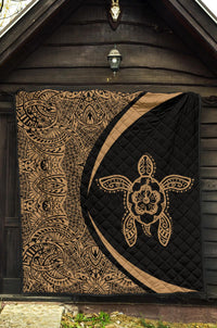 Hawaiian Hibiscus Turtle Polynesian Black Premium Quilt - Circle Style - Polynesian Pride