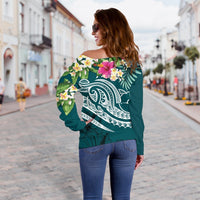 YAP Polynesian Women's Off Shoulder Sweater - Summer Plumeria (Turquoise) - Polynesian Pride