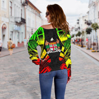 Fiji Women's Off Shoulder Sweater - Polynesian Tattoo Reggae - Polynesian Pride