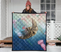 Hawaii Turtle And Jellyfish In Deep Sea Moana Premium Quilt - Polynesian Pride