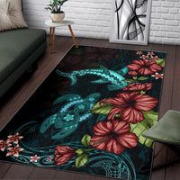 Polynesian Area Rug Turtle And Shark - Hibiscus Turquoise - Polynesian Pride