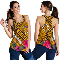 Hawaii Women's Racerback Tank - Kanaka Maoli With Hibiscus On Polynesian Patterns (YELLOW) - Polynesian Pride