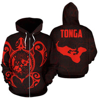 Tonga Polynesian Zip up Hoodie Tonga Coat of Arms In Turtle Map Red Unisex Red - Polynesian Pride