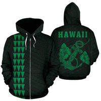 Polynesian Kakau Anchor Hibiscus Hawaii Zip Hoodie Green Unisex Green - Polynesian Pride