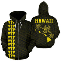 Polynesian Kakau Three Turtle Map of Hawaii Zip Hoodie Yellow Unisex Yellow - Polynesian Pride