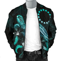 Cook Islands Polynesian Men's Bomber Jacket - Turtle With Blooming Hibiscus Turquoise - Polynesian Pride
