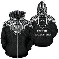 Cook Island Zip up Hoodie Cook Islands Coat of Arms Polynesian Tattoo A5 Unisex Black - Polynesian Pride
