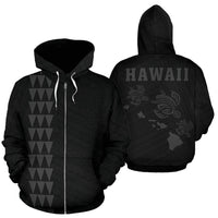 Polynesian Kakau Three Turtle Map of Hawaii Zip Hoodie Grey Unisex Grey - Polynesian Pride