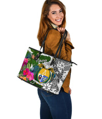 Nauru Large Leather Tote Bag White - Turtle Plumeria Banana Leaf Crest - Polynesian Pride