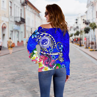 FSM Women's Off Shoulder Sweater - Turtle Plumeria (Blue) - Polynesian Pride