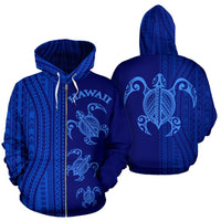 Hawaii Zip up Hoodie Hawaii Turtle Polynesian Tattoo Half Style 02 Unisex Blue - Polynesian Pride