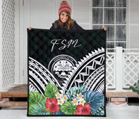 FSM Premium Quilt - FSM Coat of Arms & Polynesian Tropical Flowers White - Polynesian Pride