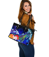 Marshall Islands Custom Personalised Large Leather Totes - Humpback Whale with Tropical Flowers (Blue) - Polynesian Pride