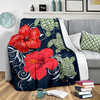 Hawaii Deep Blue Hibiscus Turtle Premium Blanket - AH - Mike Style - Polynesian Pride