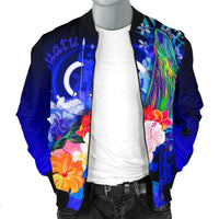 Vanuatu Men's Bomber Jacket - Humpback Whale with Tropical Flowers (Blue) - Polynesian Pride
