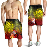 Polynesian Hawaii Men's Shorts - Kanaka Maoli Humpback Whale with Tropical Flowers (Yellow) - Polynesian Pride