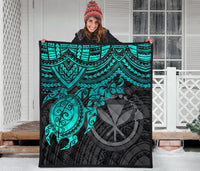 Hawaii Polynesian Premium Quilt - Kanaka Maoli & Turquoise Turtle Hibiscus - Polynesian Pride