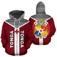 Tonga Tapa Zip Hoodie Tonga Flag Coat of Arms Polynesian Tattoo Unisex Red - Polynesian Pride