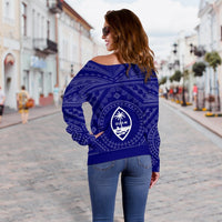 Guam Women's Off Shoulder Sweater - Guam Seal With Polynesian Tattoo Style (Blue) - Polynesian Pride