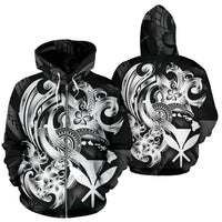 Polynesian Hawaii All Over Zip up Hoodie Kanaka Maoli White Turtle Unisex Black - White - Polynesian Pride