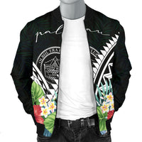 Palau Men's Bomber Jacket - Palau Caledonia Coat of Arms & Polynesian Tropical Flowers White - Polynesian Pride