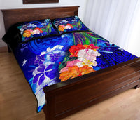 Federated States of Micronesia Custom Personalised Quilt Bed Set - Humpback Whale with Tropical Flowers (Blue) - Polynesian Pride
