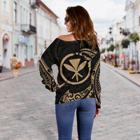 Hawaii Polynesian Custom Personalised Women's Off Shoulder Sweater - Gold Tribal Wave - Polynesian Pride