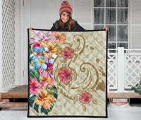 Hawaii Triple Marble Turtle Polynesian Hibiscus Premium Quilt - AH - Benjamin Style - Beige - Polynesian Pride