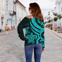 Fiji Polynesian Women Of Shoulder Sweater - Turquoise Tentacle Turtle Crest - Polynesian Pride