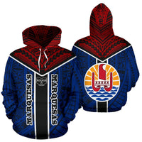 Marquesas Hoodie Maquesas Tiki Face Polynesian Tattoo and Flag Unisex Blue - Polynesian Pride