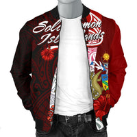 Solomon Islands Polynesian Men's Bomber Jacket - Coat Of Arm With Hibiscus - Polynesian Pride
