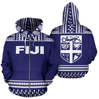 Fiji Tapa All Over Zip up Hoodie Blue and White Version Unisex Blue And White - Polynesian Pride