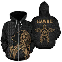 Polynesian Kakau Hula Girl Turtle Hibiscus Hawaii Zip Hoodie Gold Unisex Gold - Polynesian Pride
