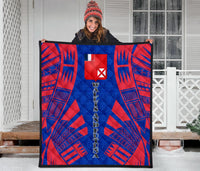 Wallis And Futuna Premium Quilt - Wallis And Futuna Coat Of Arms Polynesian Red Tattoo (Dark Blue) - Polynesian Pride