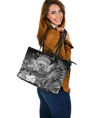 Polynesian Hawaii Leather Tote Bag - Humpback Whale with Tropical Flowers (White) - Polynesian Pride