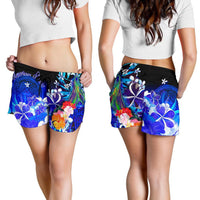 American Samoa Polynesian Women's Shorts - Humpback Whale with Tropical Flowers (Blue) - Polynesian Pride
