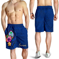 Guam Polynesian Men's Shorts - Floral With Seal Blue - Polynesian Pride