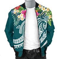 Kosrae Polynesian Men's Bomber Jacket - Summer Plumeria (Turquoise) - Polynesian Pride