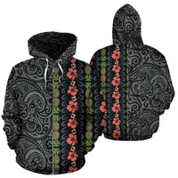 Hawaii Zip up Hoodie Hibiscus Flower Pineapple Polynesian Tattoo Half Unisex Black - Polynesian Pride