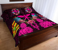 Hawaii Map Kanaka Two Men Holding Flag Quilt Bed Set - AH - Pink - Polynesian Pride