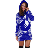 Yap Polynesian Hoodie Dress Map Blue - Polynesian Pride