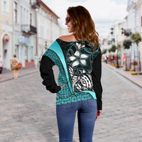 Yap Micronesia Women Off Shoulder Sweater Turquoise - Turtle With Hook - Polynesian Pride