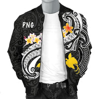 Papua New Guinea Men's Bomber Jacket - PNG Seal Polynesian Patterns Plumeria (Black) - Polynesian Pride