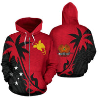 Papua New Guinea Zip up Hoodie Papua New Guinea Flag Coat of Arms Coconut Tree Unisex Red - Polynesian Pride